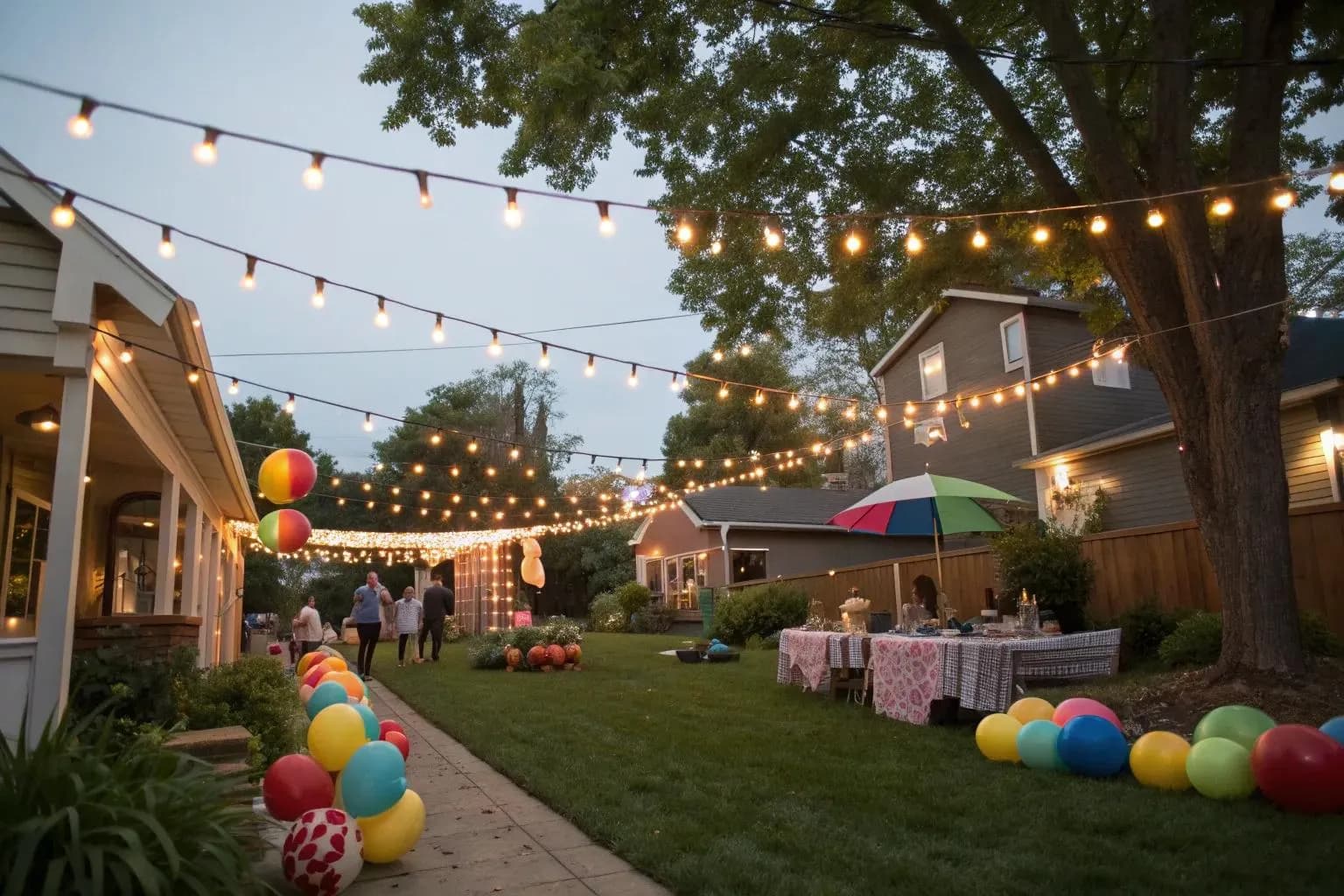String lights strung above a backyard party