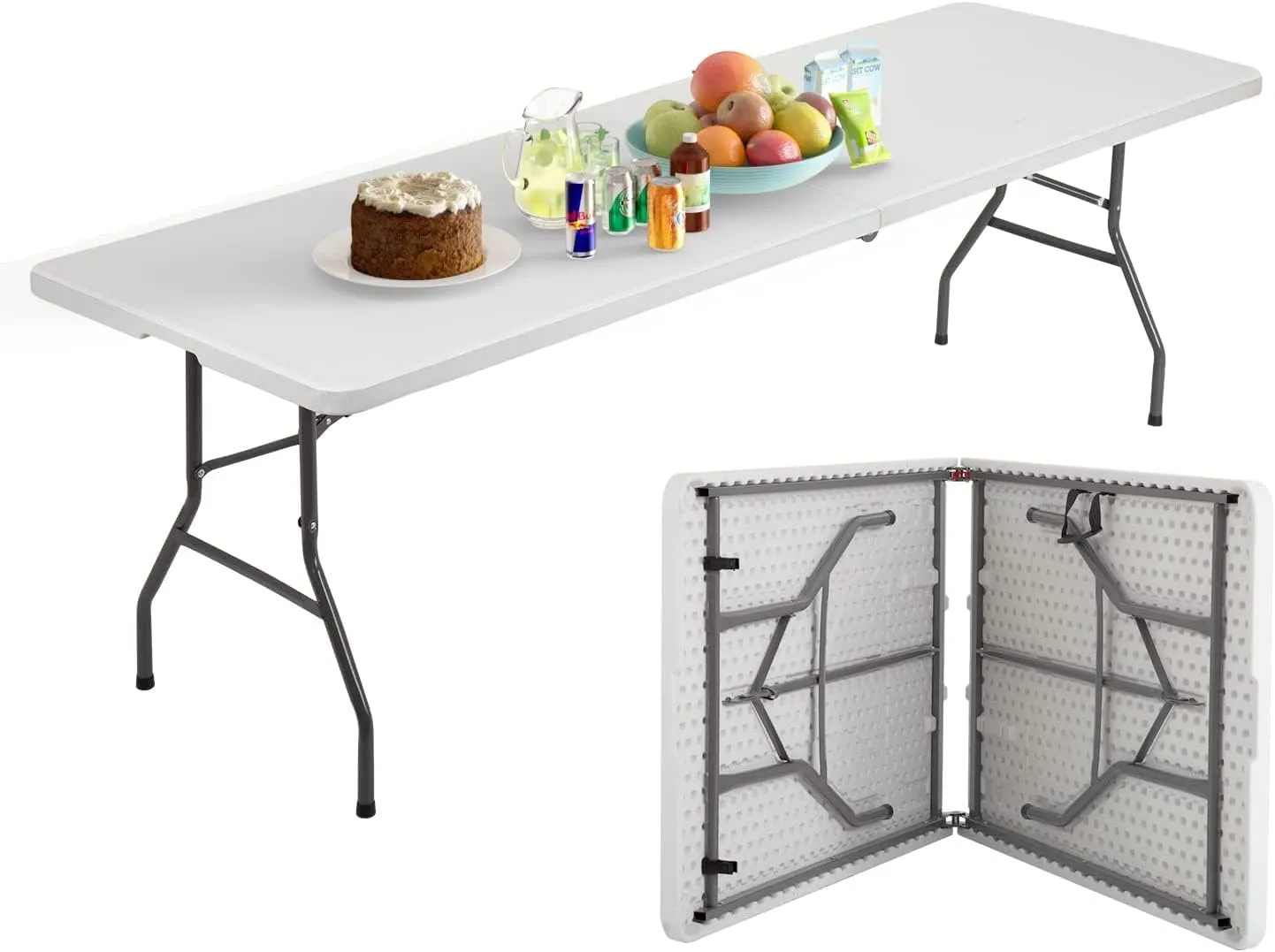 A banquet table set with cake and drinks